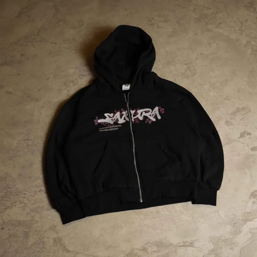 Sakura Zip-up Hoodie-Black